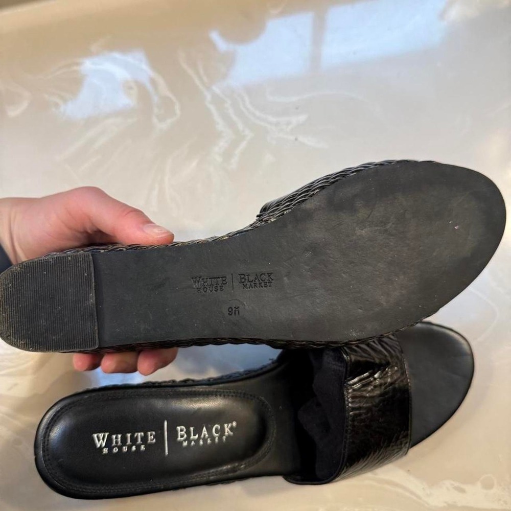 White House Black Market Black Patent Leather Woven Wicker Slide Wedge Sandals - Picture 6 of 7